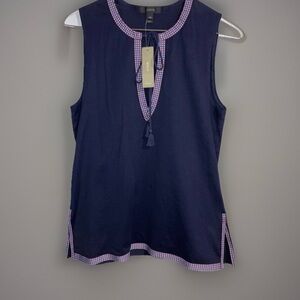 J Crew Sleeveless Navy Blue V Neck Tunic Top Split Hem Tassel Ties Boho XXS NWT